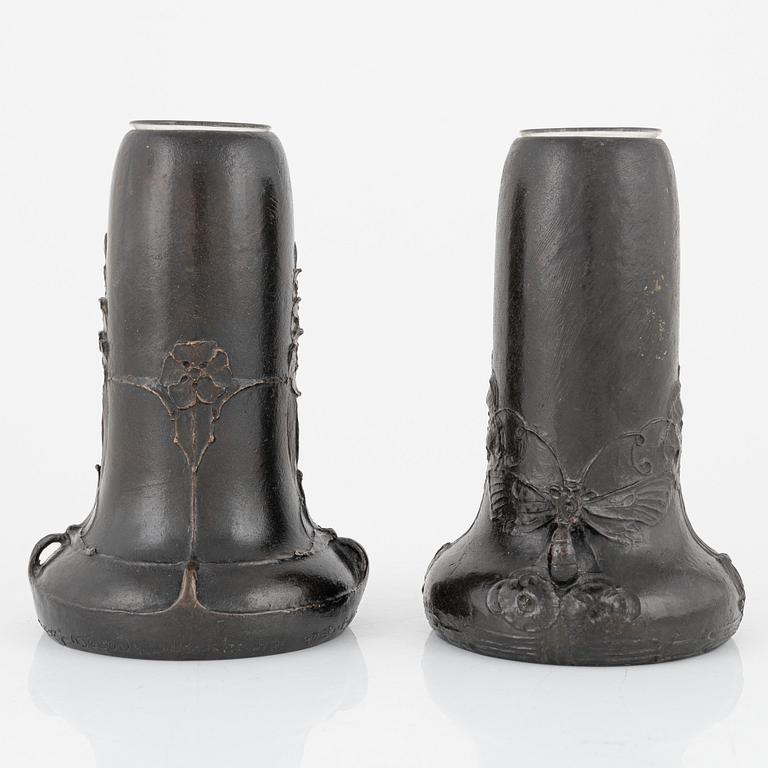 Elsa Kock and Hugo Elmqvist, two similar bronze vases, Stockholm, Sweden, Jugend, early 20th century.