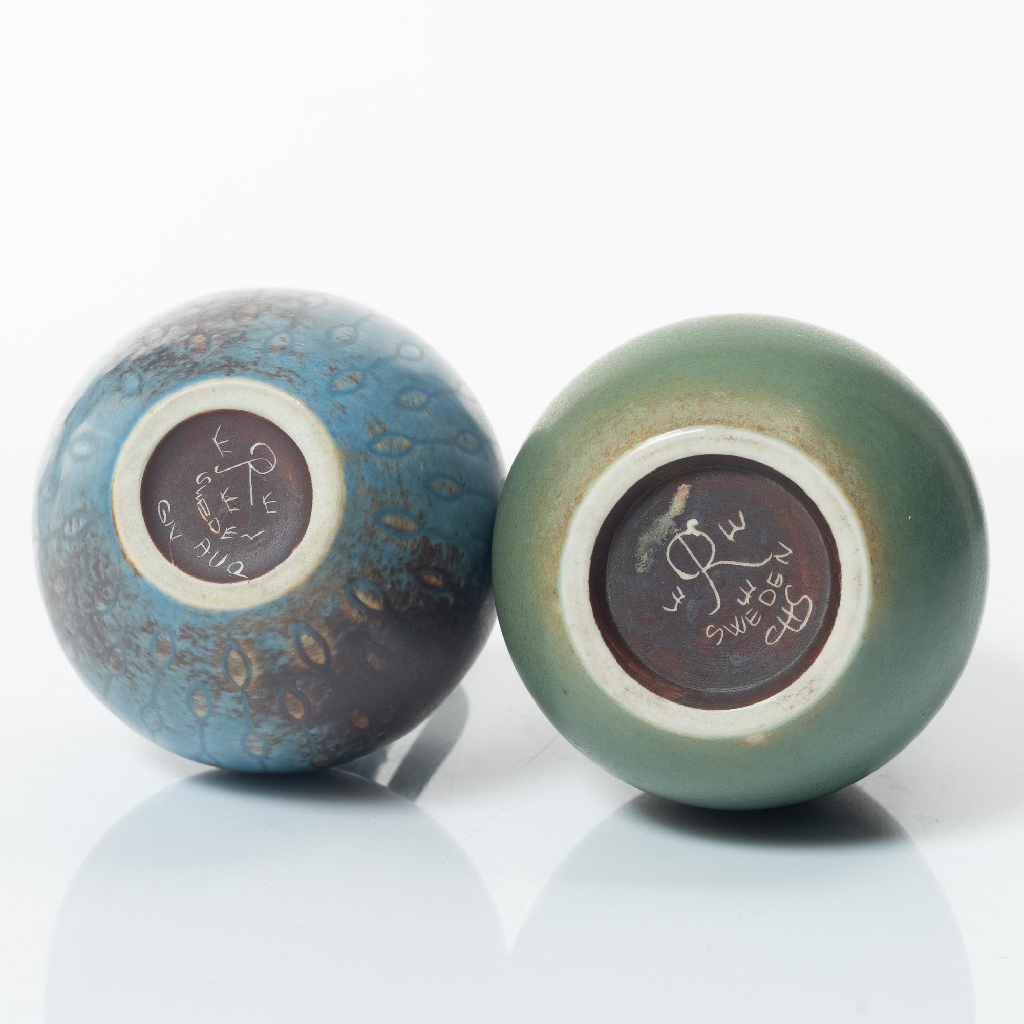 Two stoneware vases Gunnar Nylund and Carl-Harry Stålhane, Rörstrand and six ceramic miniatures, John Andersson Höganäs.