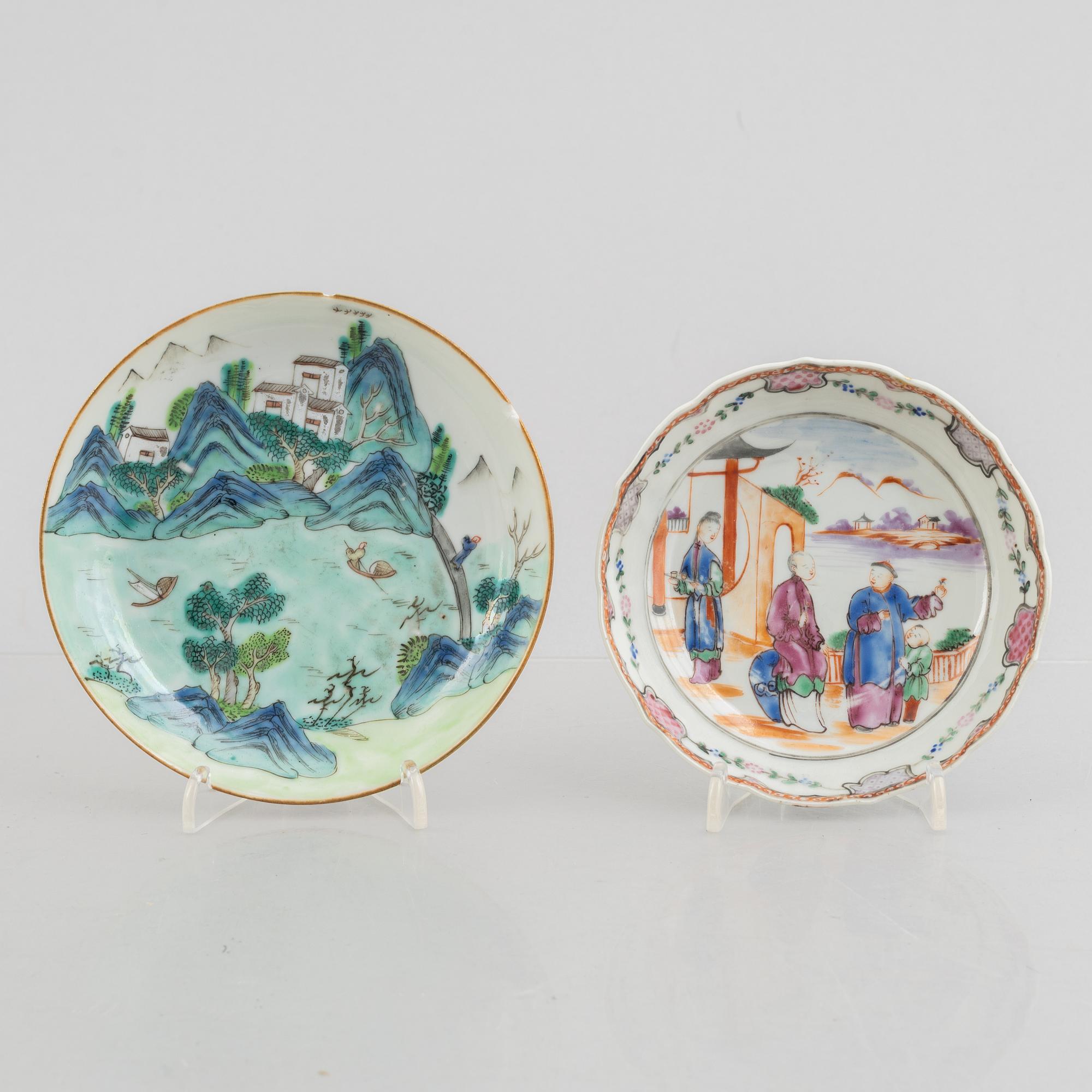 A Chinese famille rose porcelain sauce boat and five dishes, Qing dynasty, 18th and 19th century.