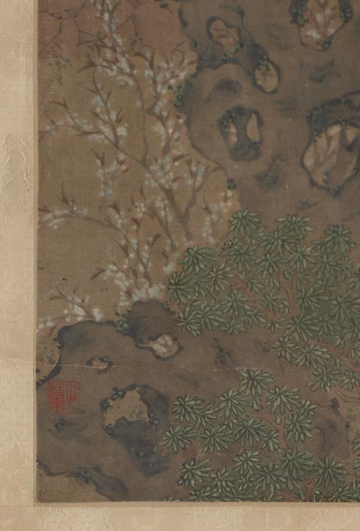 MÅLNING. Sen Qing dynastin (1644-1912). Palatsdamer i trädgård.