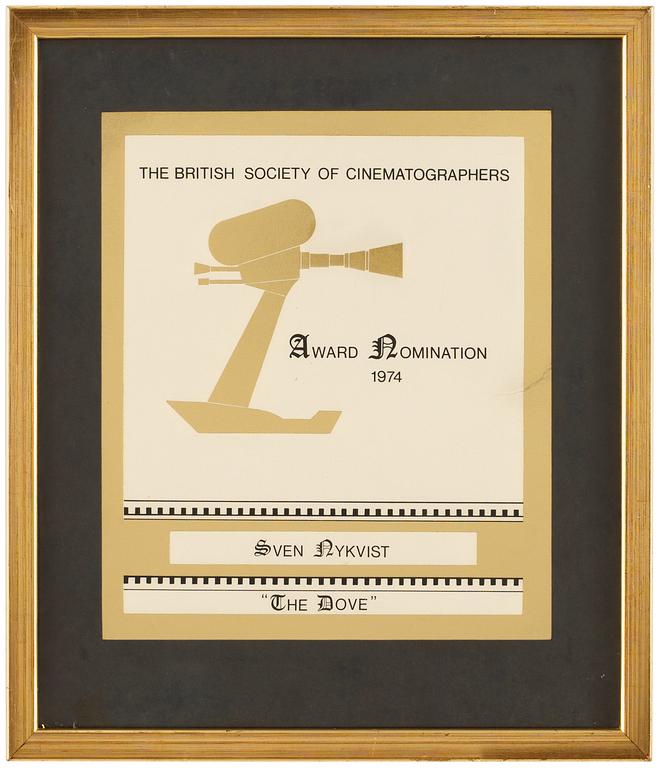NOMINERINGSCERTIFIKAT, från The British Society of Cinematographers 1974.