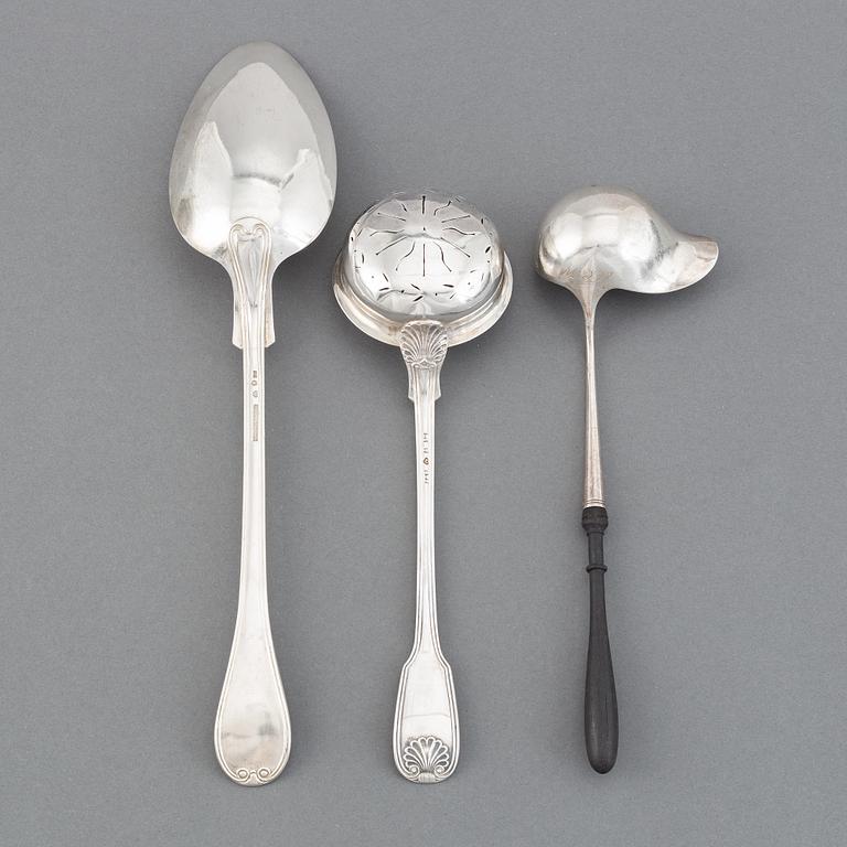 A silver serving spoon, sprinkle spoon and sauce spoon, Sweden, 19th century.
