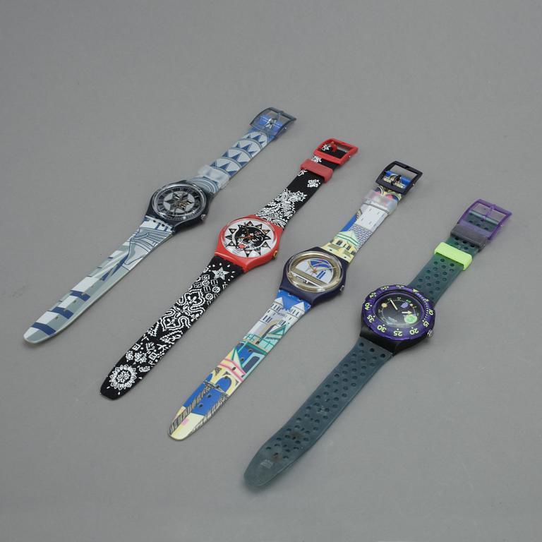 SWATCHKLOCKOR, 4st, "Scuba 200. Captain Nemo", "Decoscraper",  "Back stage", "Rap", plast, ca1992-1994.