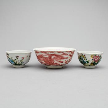 PARTI SKÅLAR, 3st, Kina, sent 1800-tal resp. modern tillverkning.