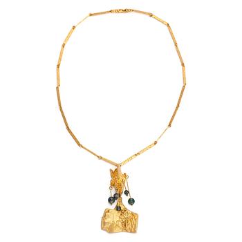 Björn Weckström, An 18K gold necklace "Rain in the mountains" with moss agate for Lapponia 1971.