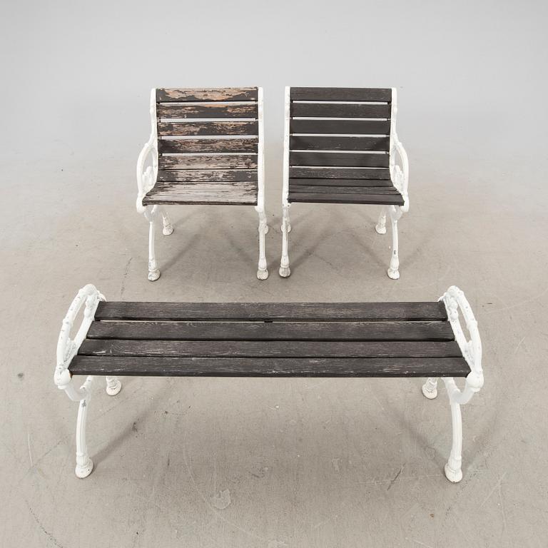 An pair of aluminum garden armchairs and bench from Byarums Bruk second half of the 20th century.