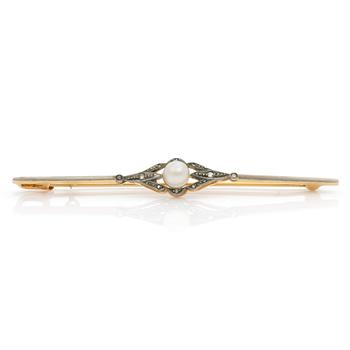 A bar brooch set with a cultured pearl and diamonds.