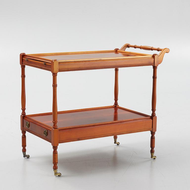 An English style yew drinks trolley, second half of the 20th Century.