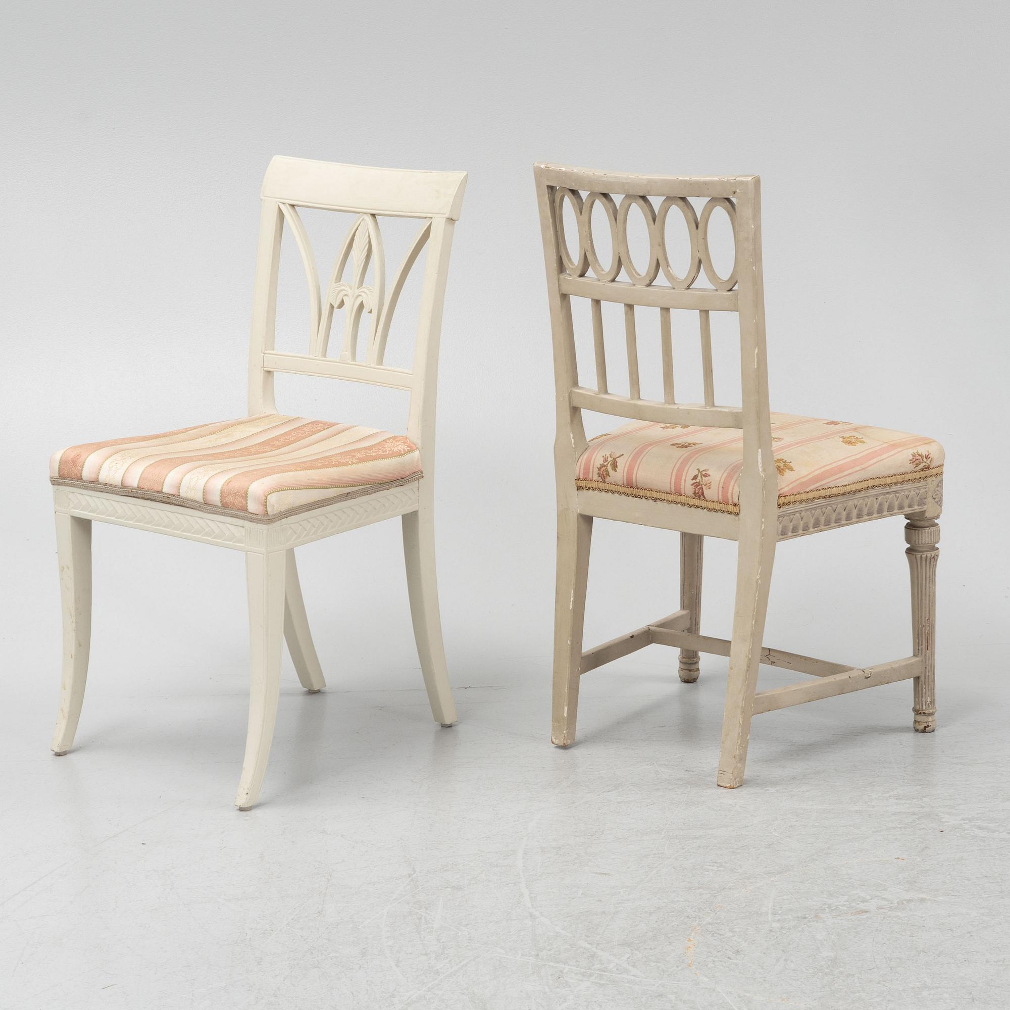 Six Gustavian chairs, different models, from Lindome, Sweden, around 1800.