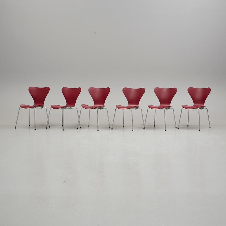 ARNE JACOBSEN, stolar, "Sjuan", 6 stycken, Fritz Hansen, 1900/2000-tal.