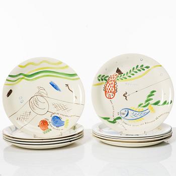Stig Lindberg, twelve 'Löja' plates, Gustavsberg.