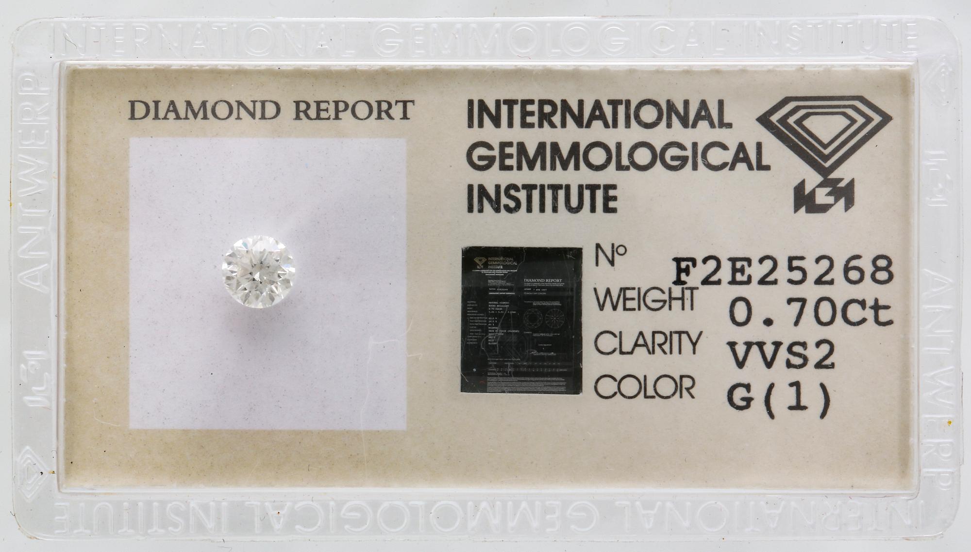 Brilliant-cut diamond 0,70 ct G VVS2, IGI certificate F2E25268, 1997.