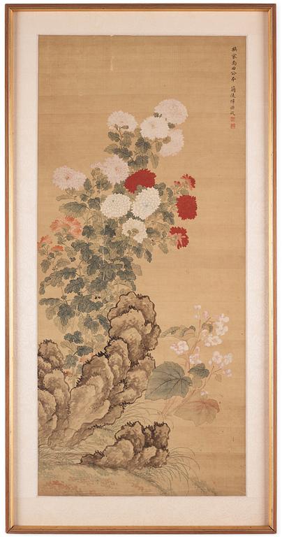 Rullmålning, akvarell och tusch på siden, lagd på pannå. Signerad Yun Yuancheng, möjligen 1700-tal.