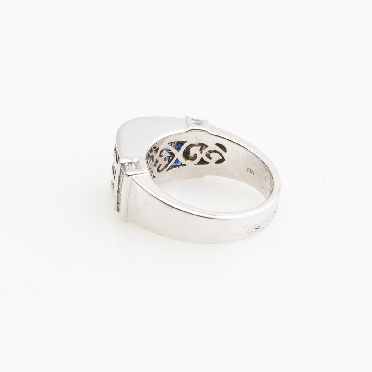 Ring, 18K white gold with baguette-cut diamonds and princess-cut sapphires.