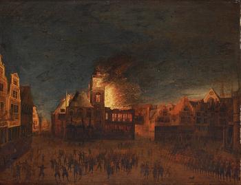 555. Egbert Lievensz van der Poel Attributed to, A Night Scene With A Fire In A Village.