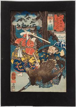 Eight UTAGAWA KUNIYOSHI (1797/98-1861) colour woodblock prints, from 'Sixty-nine stations of Kisokaido Road'.