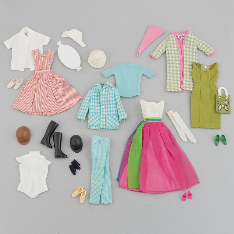 Barbie, clothing sets, 5 pcs, including "1637 Outdoor Life" & "1643 Barbie Poodle Parade", Mattel, 1960s.