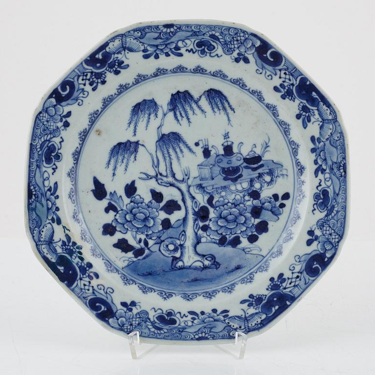 A blue and white tureen with cover, a plate and a butter tureen with cover and stand, China, 18th and 19th century.