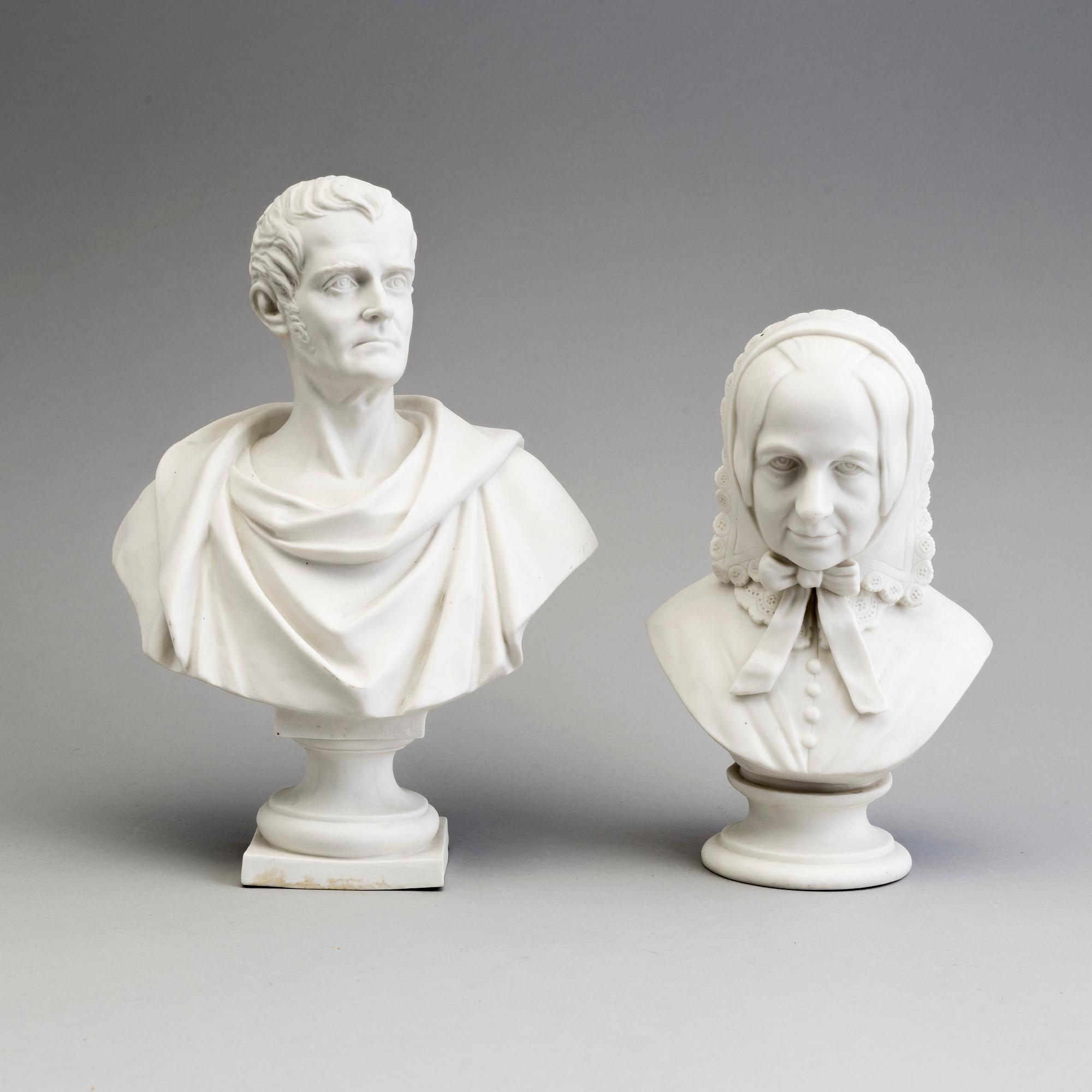 TWO PARIAN BUSTS, Gustafsberg, second half of the 19th century.