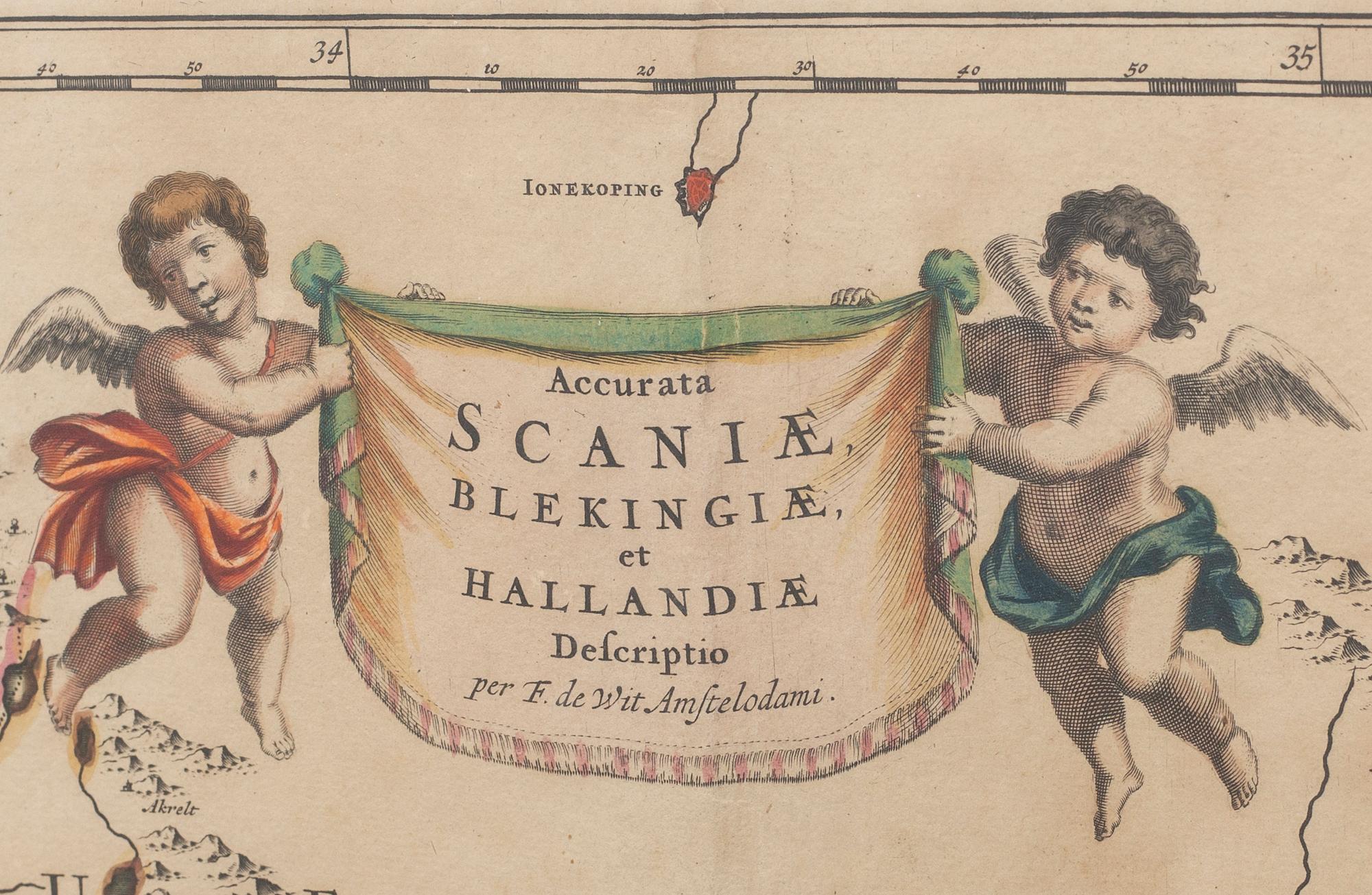 FREDERICK DE WIT, karta, handkolorerat kopparstick, "Accurata Scaniae, Blekingiae, et Hallandiae descriptio." 1680-tal.