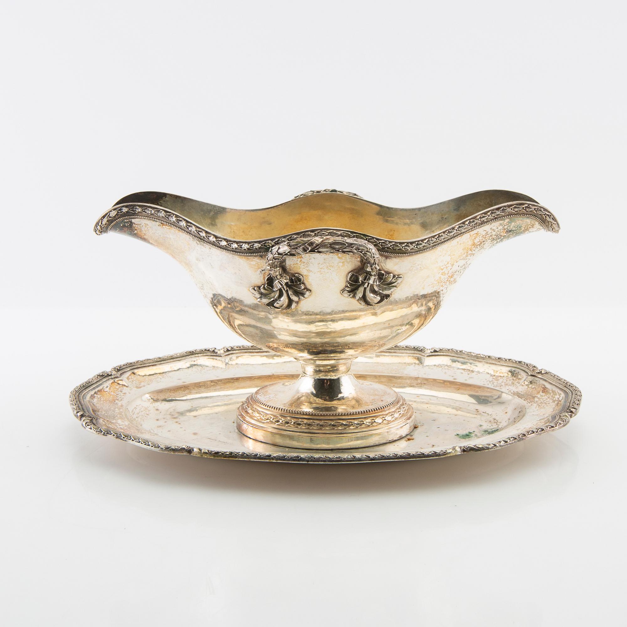 Såssnipa på fat, silver, 1900-talets första hälft.