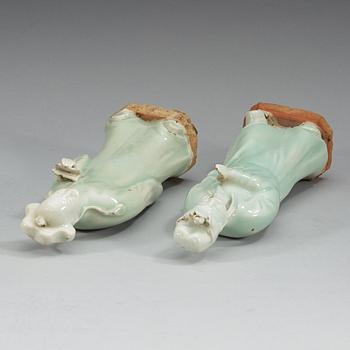 Two celadon glazed figures of daoistic deities, Qing dynasty, 18th Century.