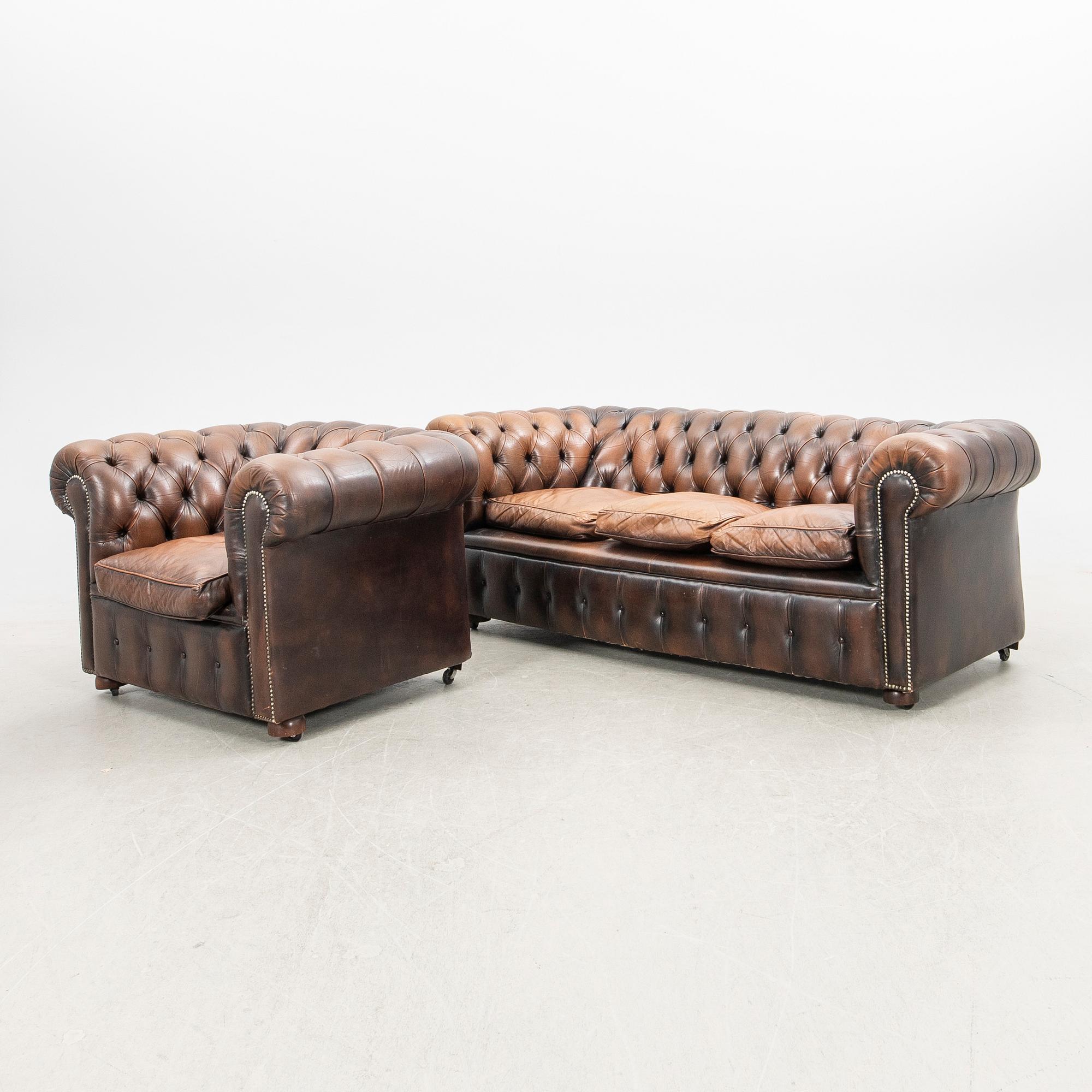 Sofa and armchair, Chesterfield, 20th century.