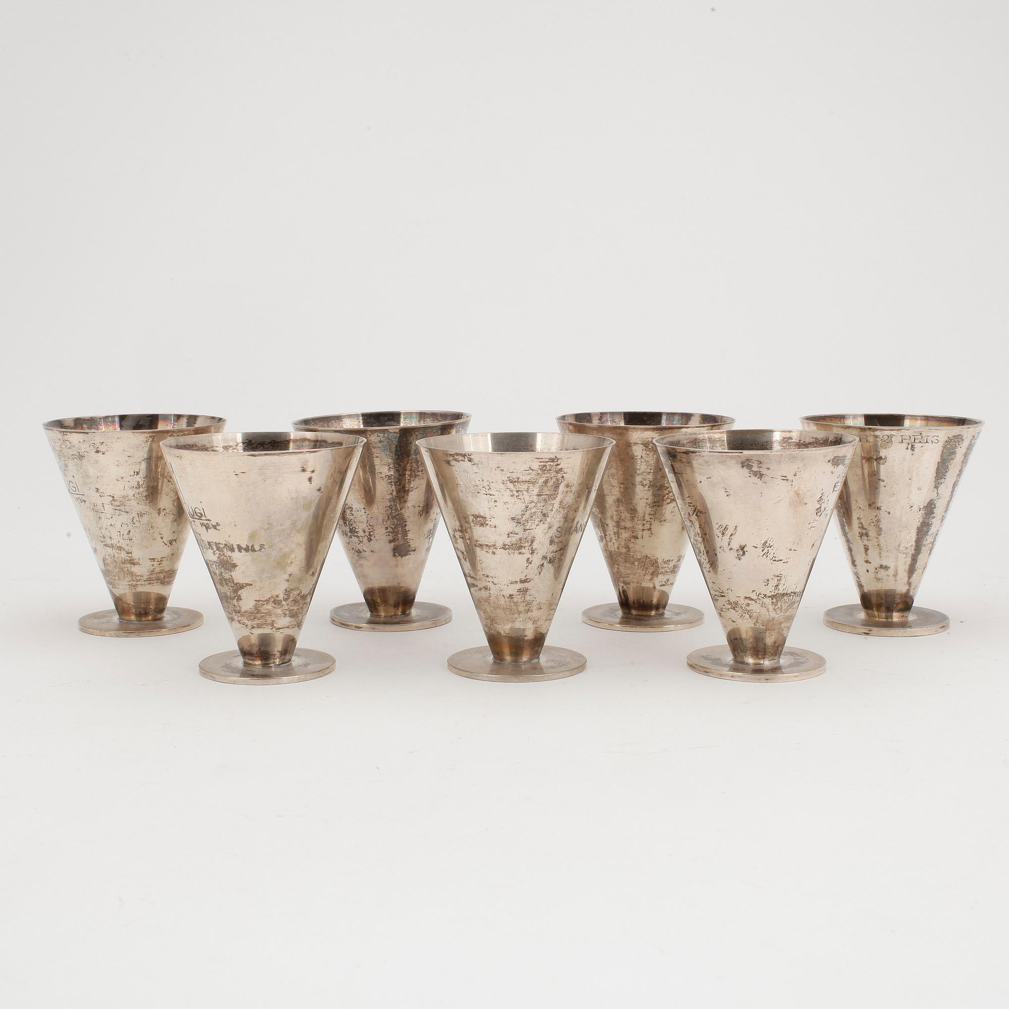 COCKTAILGLAS, 7 st, silver, Wiwen Nilsson, Lund 1931 - 1940. Vikt 469 gram.