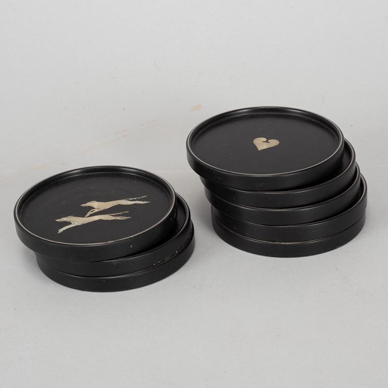 COASTERS, 8 st, silver och bakelit, Perstorp, 1950-tal.