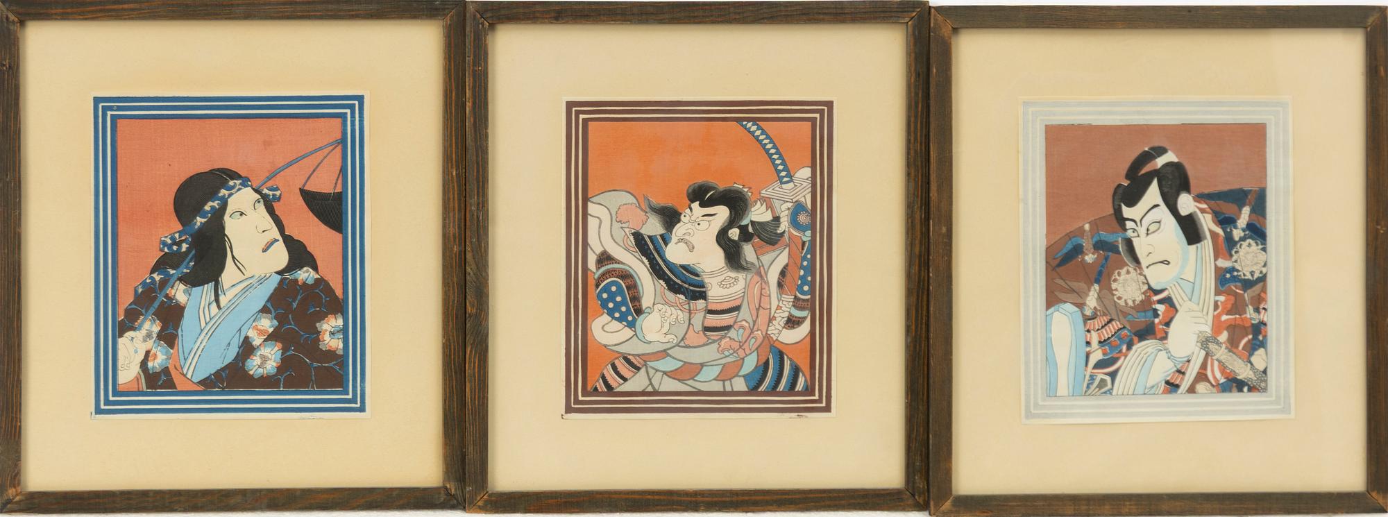 Japanska träsnitt, 19 stycken, med två försättsblad, Japan, 1900-talets första hälft.