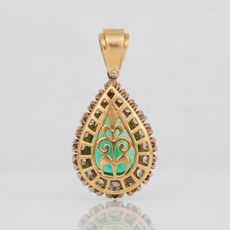 An emerald, circa 10 cts, and diamond, in total circa 2 cts, pendant.