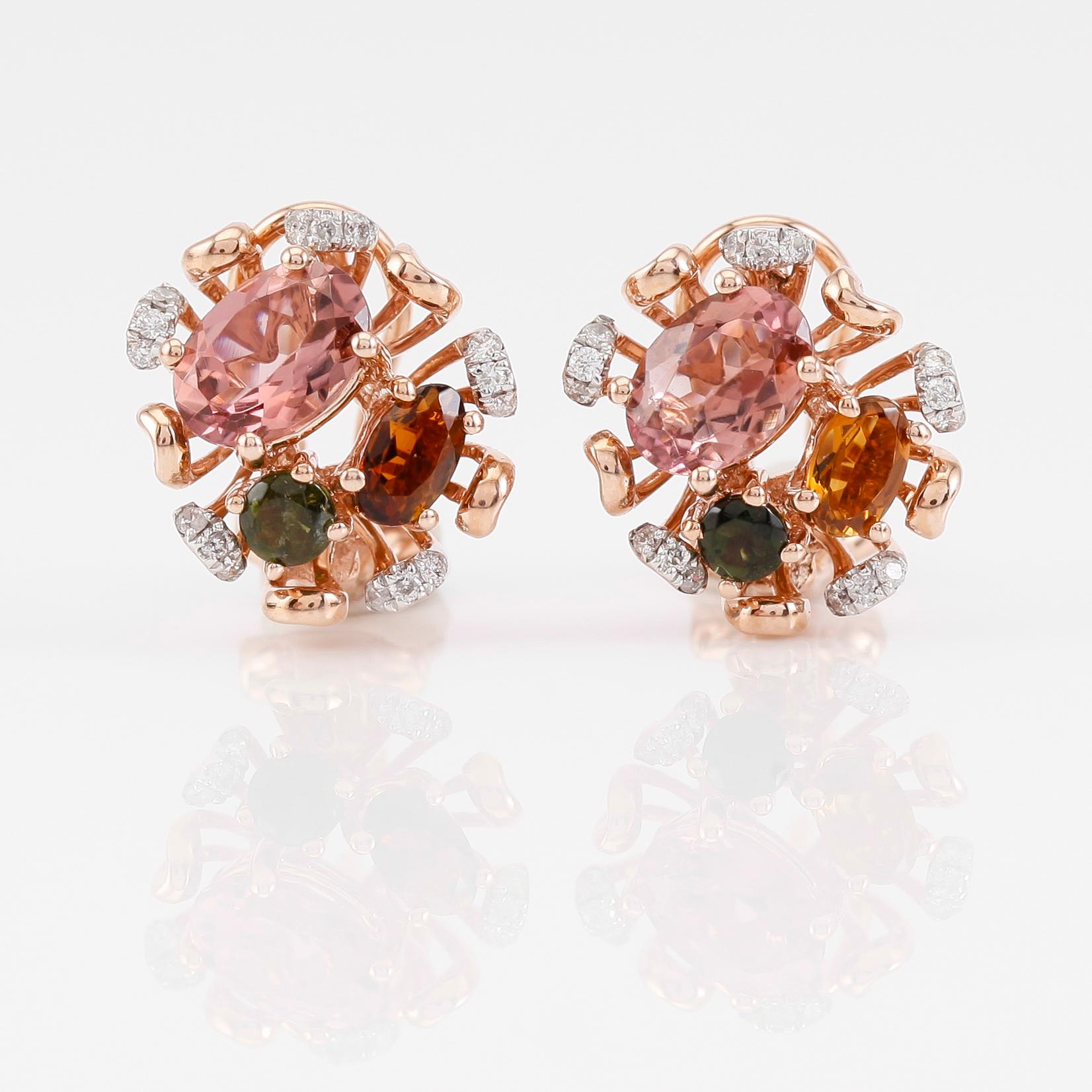 ÖRHÄNGEN, 1 par, 14K roséguld, diamanter och olikfärgade turmaliner.