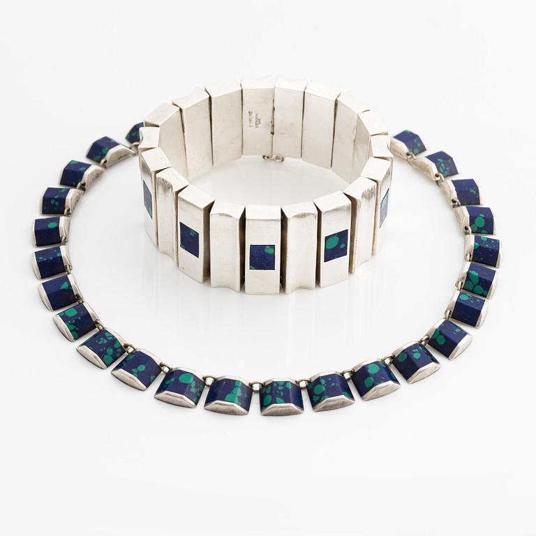 Bracelet and necklace from Mexico, silver with likely azurite-malachite.