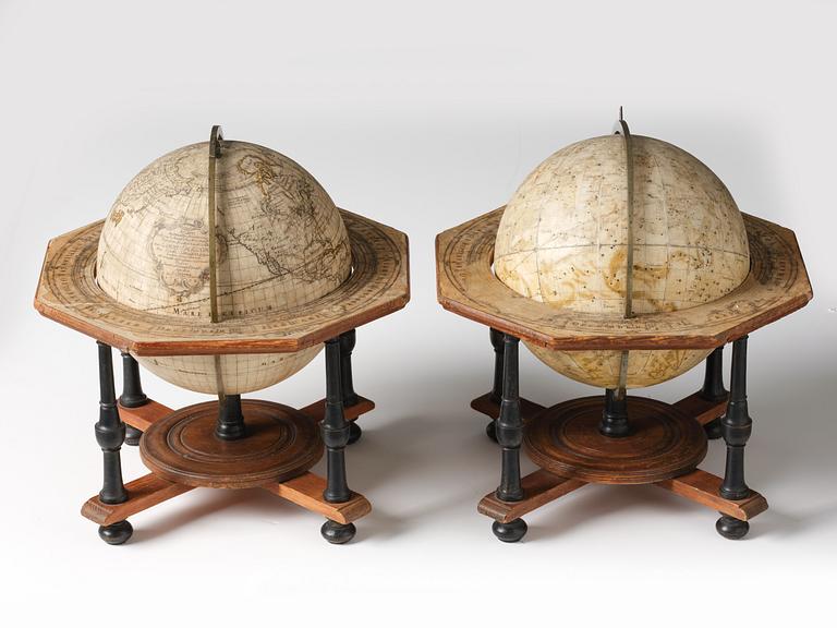 A pair of terrestrial and celestial library globes by A. Åkerman (manufacturer of globes in Uppsala 1759-78), 1759.