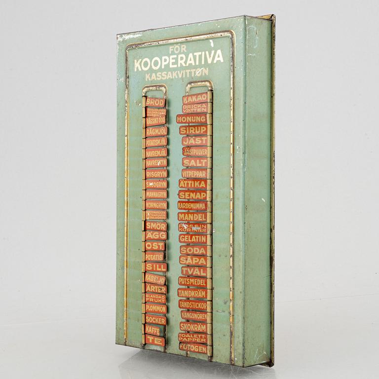 Purchase board, Kooperativa förbundet, AB Hugo Brusewitz Tinware Factory, Gothenburg, 1930s-40s.