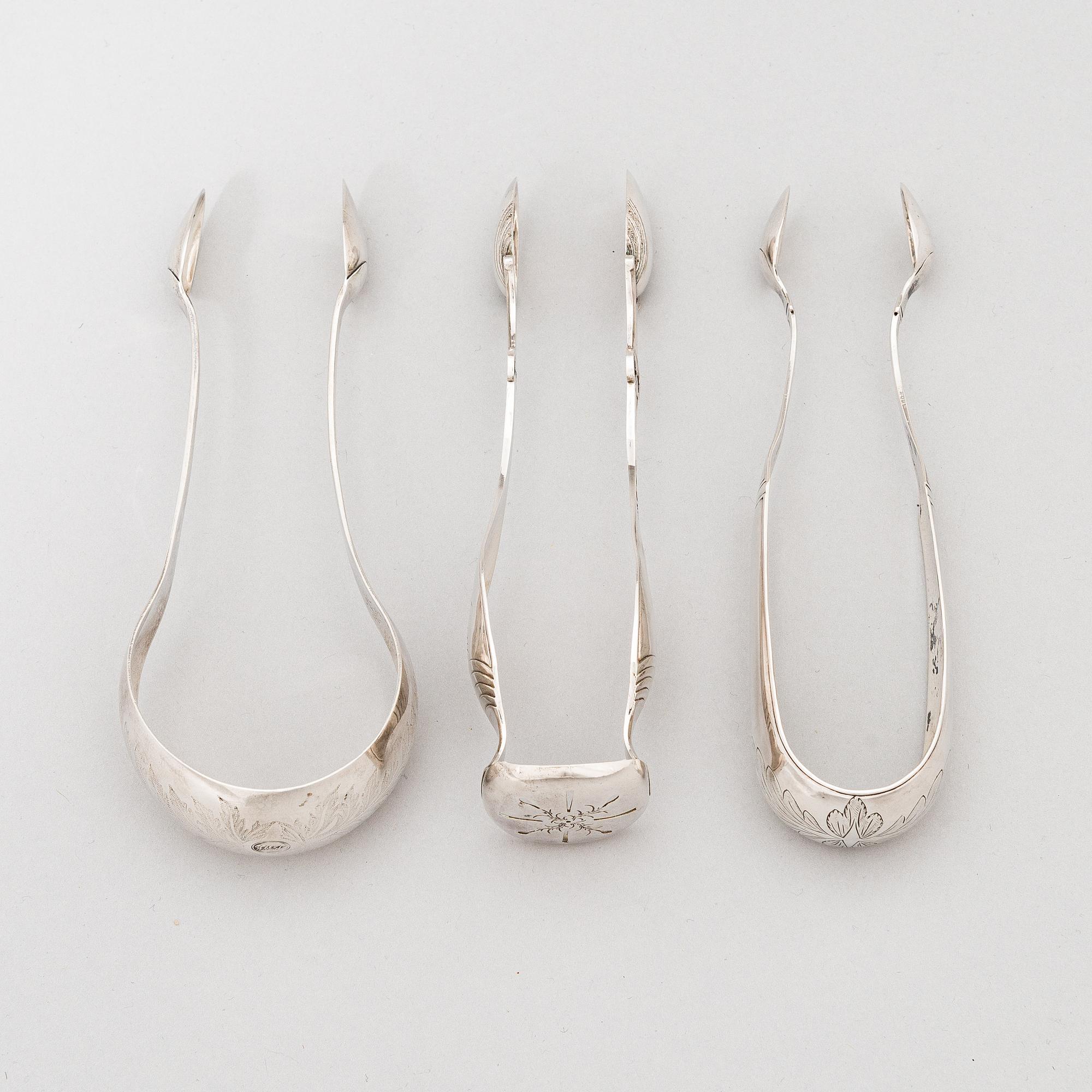 Sokeripihtejä, 3 kpl, hopeaa, Turku, Porvoo ja Göteborg 1841-46.