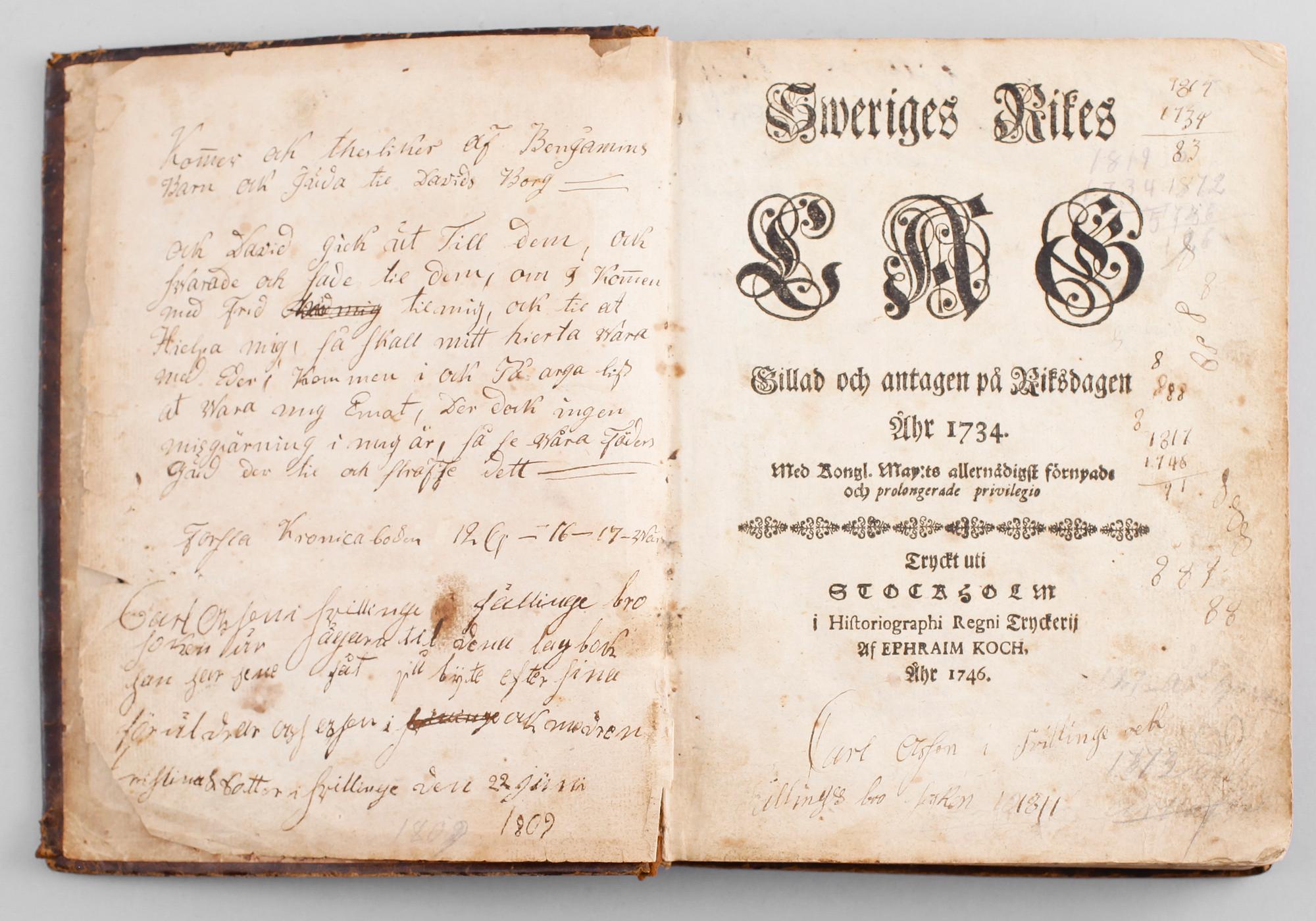 BOK: Sweriges Rikes Lag, 1734. Tryckt hos Ephraim Koch, Stockholm 1746.