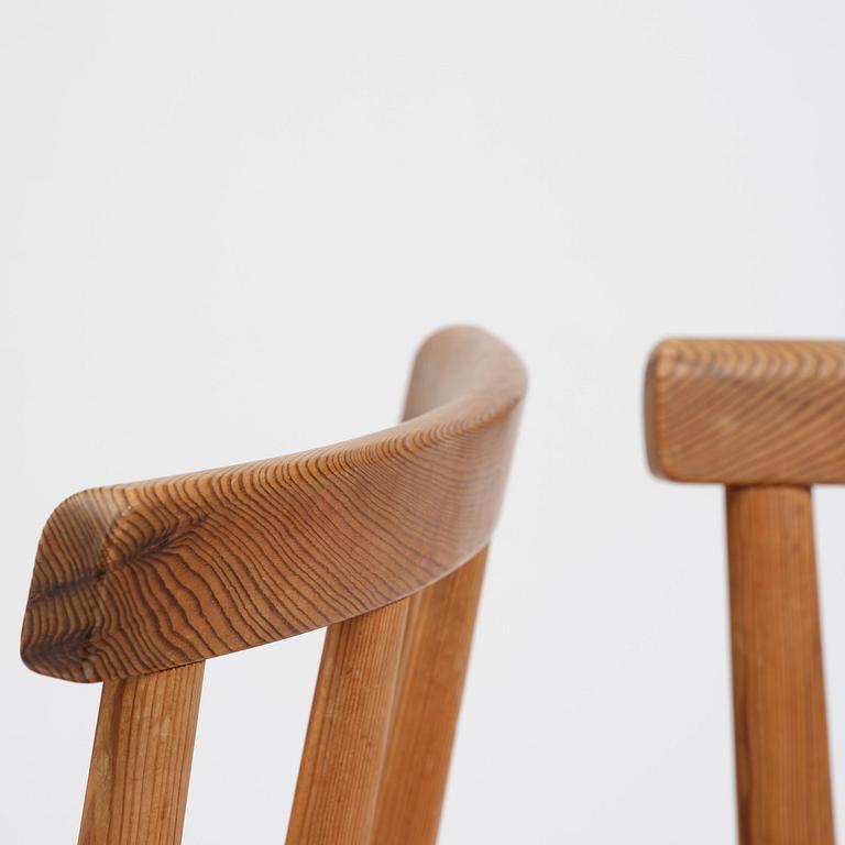 Axel Einar Hjorth, a set of six stained pine "Utö" chairs, Nordiska Kompaniet, Sweden, 1930s.