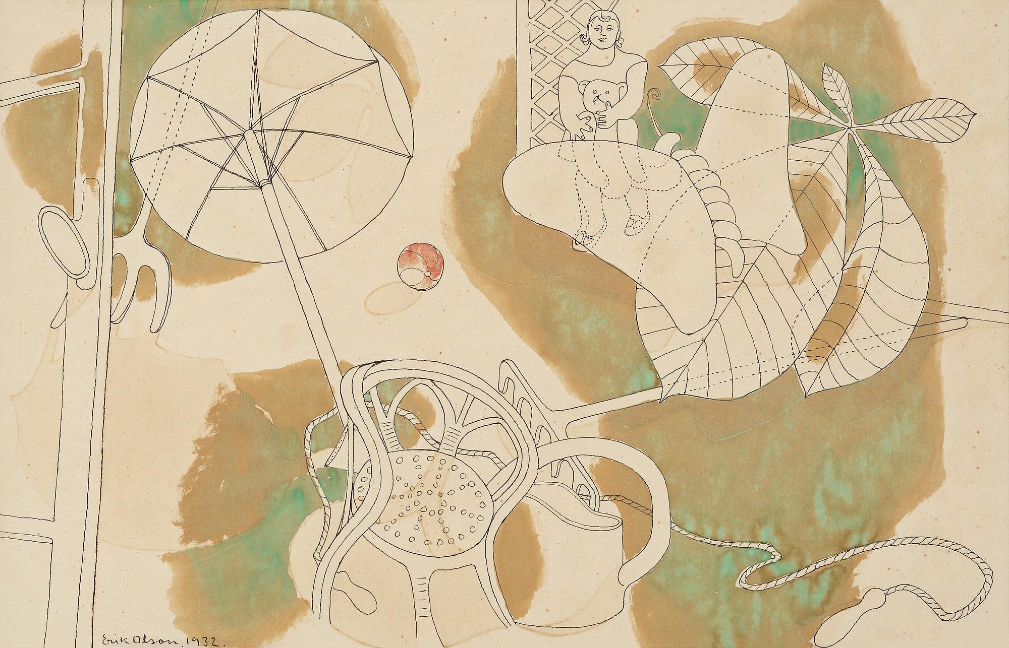 ERIK OLSON. Tusch och akvarell. Signerad Erik Olson och daterad 1932.