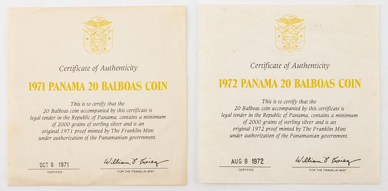 Silvermynt, 4 st, 20 Balboas, Republica de Panama, 1971, 1972, 1973, 1974.