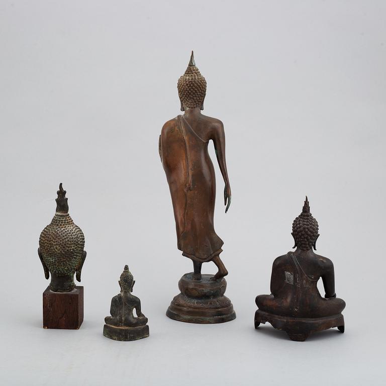 Buddhor, fyra stycken, patinerad metall. Thailand, 1900-tal.