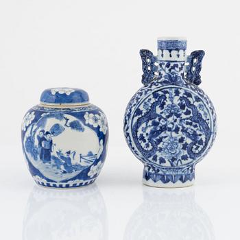 A blue and white moon flask, China, 19th century, and a blue and white ginger jar, China, around 1900.