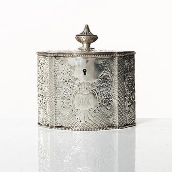 An English silver tea caddy, marks of Aaron Lestourgeon,  London, England 1779.