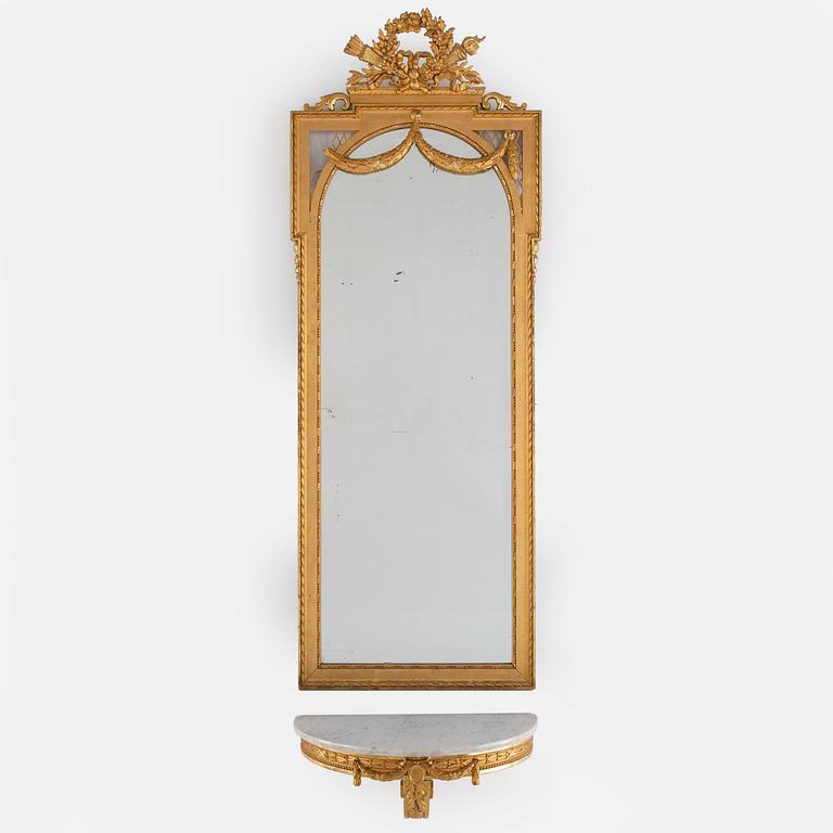 A Louis XVI style mirror and console table, 20th Century.