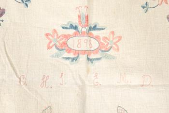 Embroidered textile dated 1898, linen, approximately 183x67 cm.