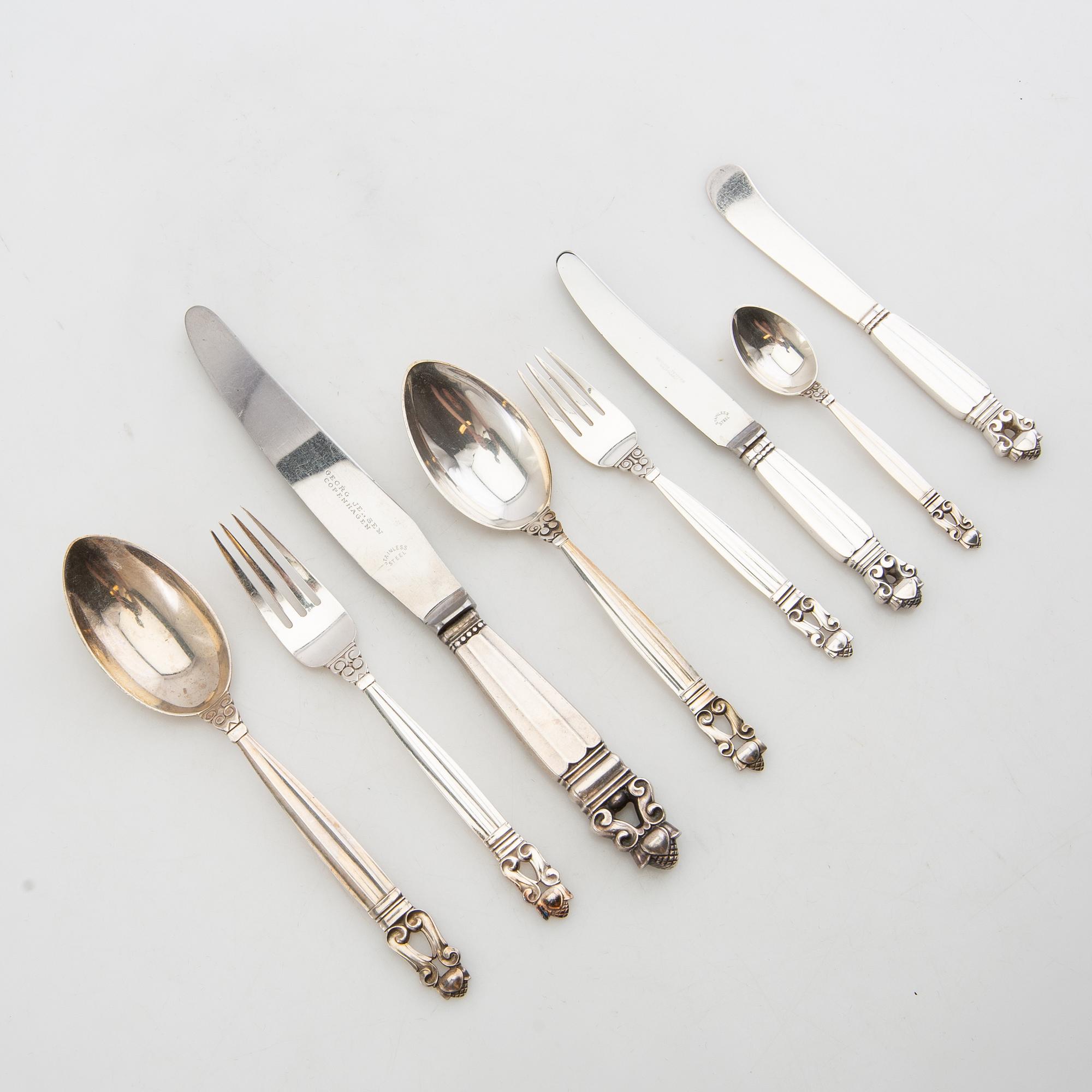 Johan Rohde, bestick 59 dlr "Konge/Achorn" sterlingsilver för Georg Jensen efter 1945.