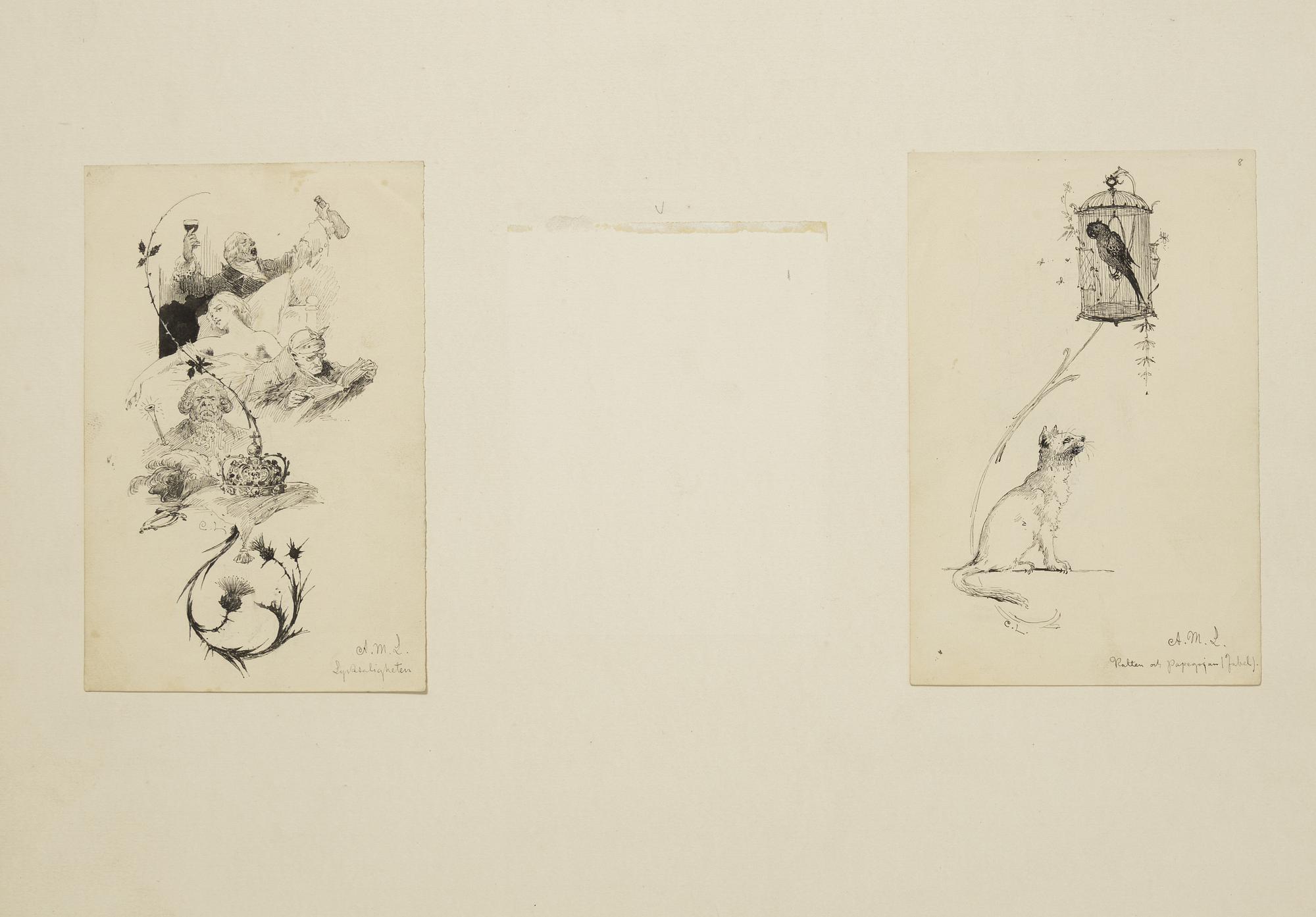 Carl Larsson, 6 st teckningar, signerade C.L., tusch och täckvitt på papper, monterade på kartong.