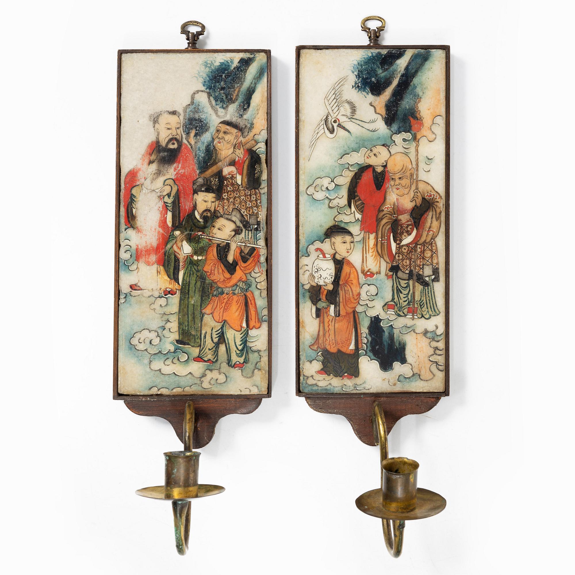 A pair of paintings on stone made in to wall scones and a stemcup, Qing dynasty, 19th century.