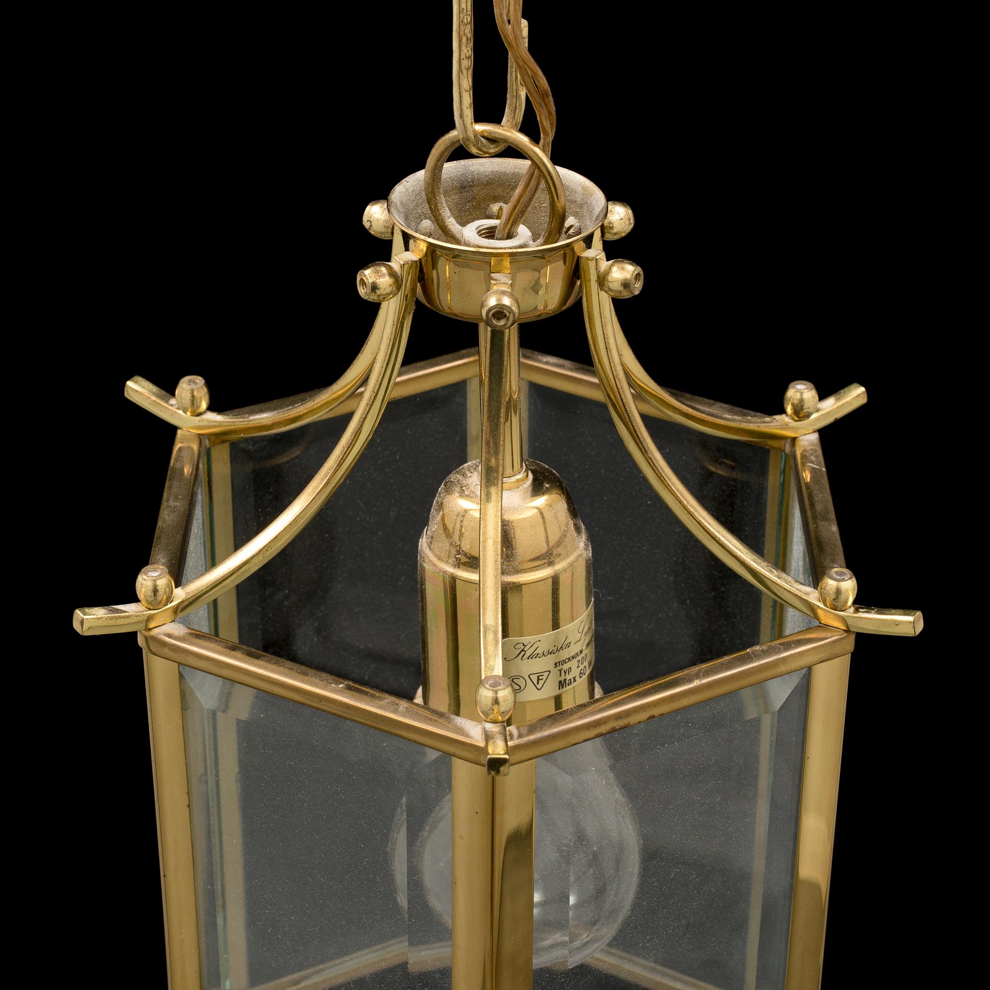 A brass and glass ceiling light from Klassiska Lyktor, late 20th Century.
