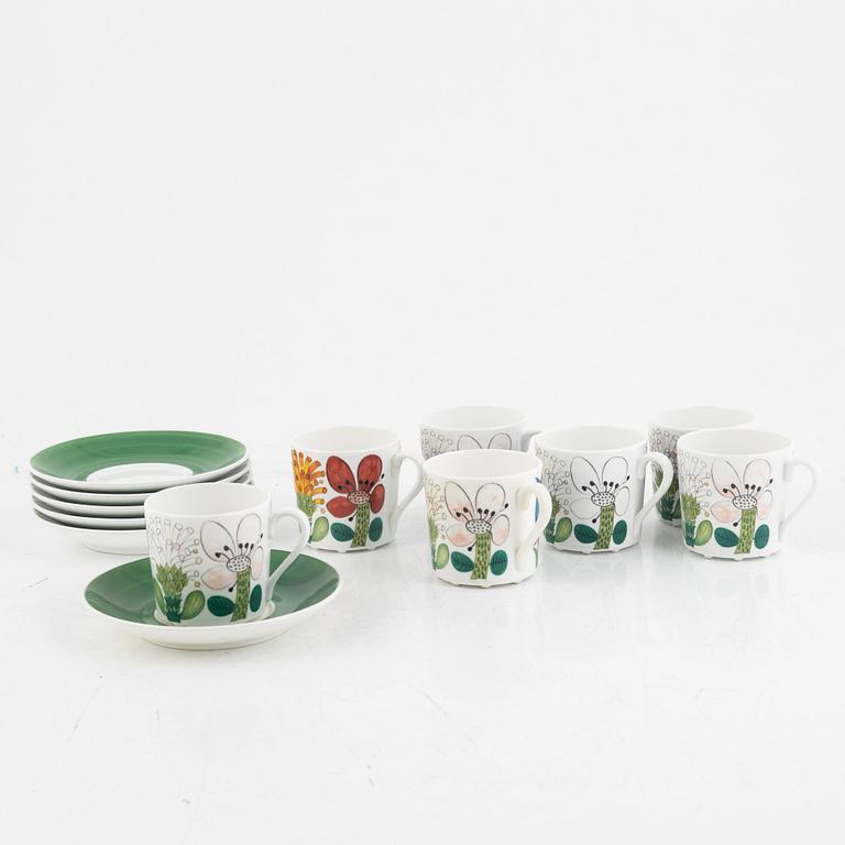 Stig Lindberg, coffee cups with saucers, 6 pcs, and one accompanying cup, "Tahiti", bone china, Gustavsberg 1970s.